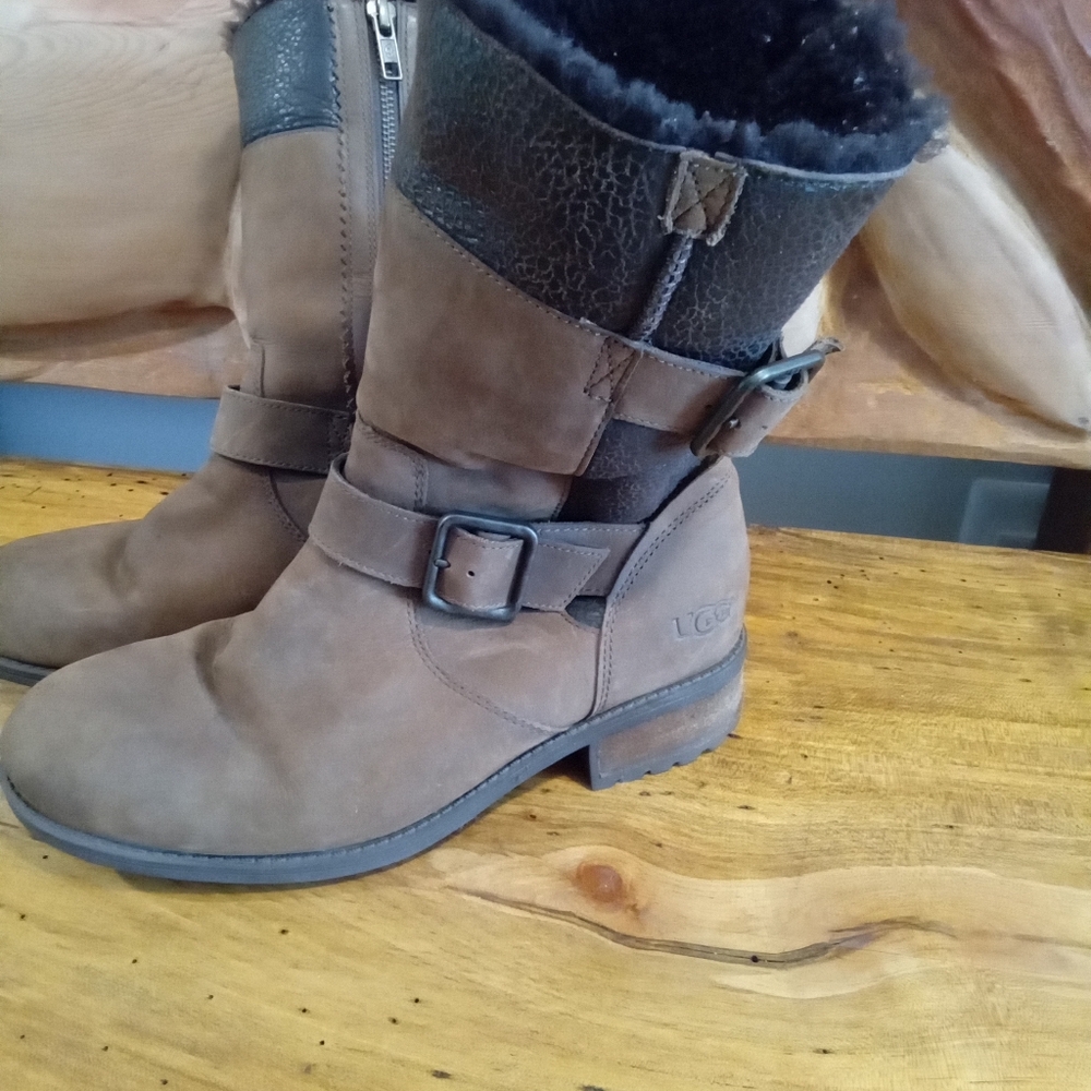 UGG Oregon Stout Buckle Mid Shaft Women's Brown Leather Sherpa Boots Size 7.5